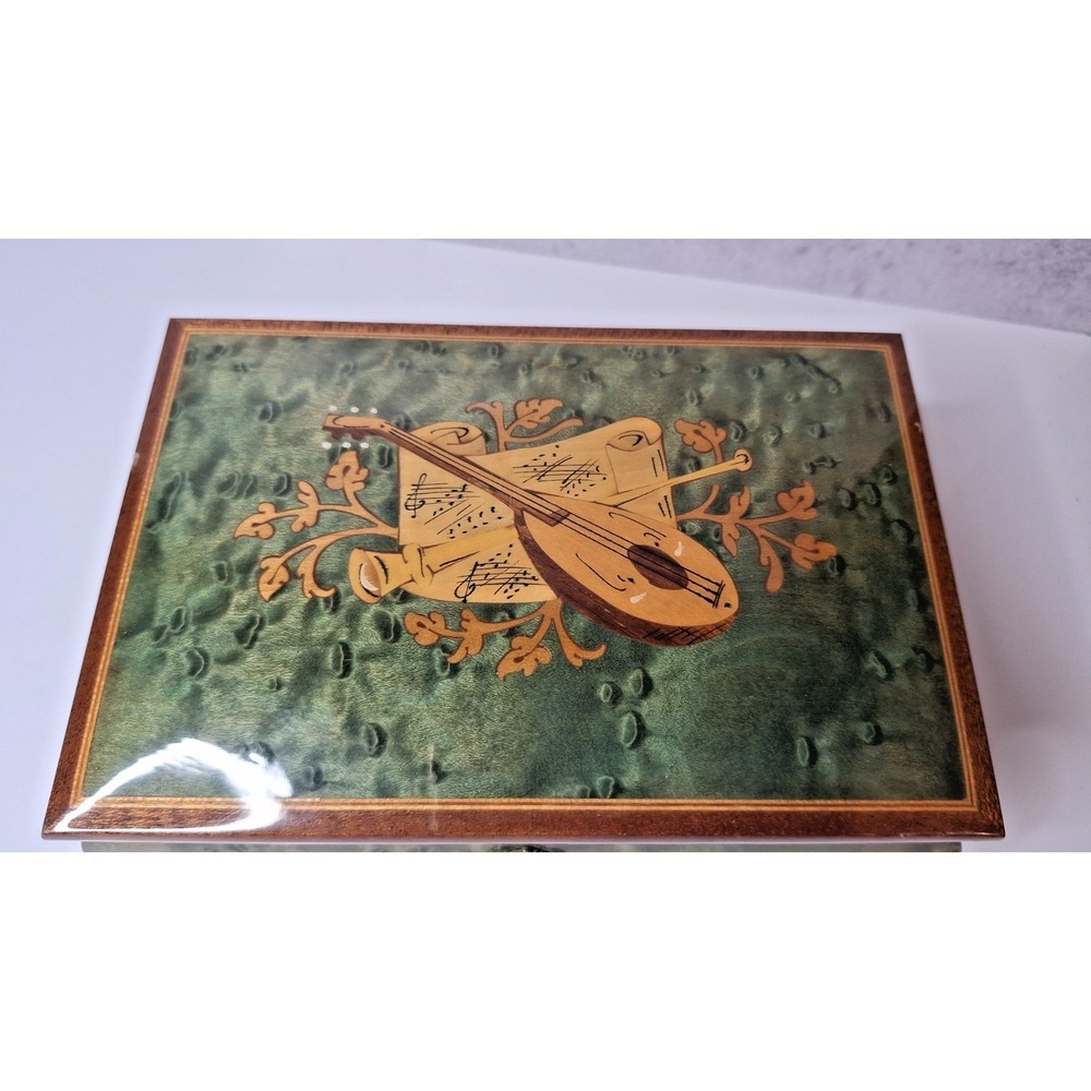 Wood Jewelry Music Box with Inlaid Mandolin Design, Italian Craftsmanship - Picture 3 of 7